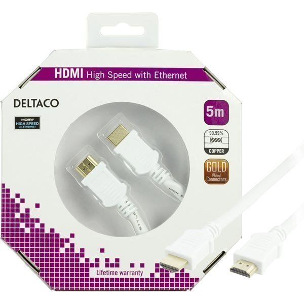 DELTACO HDMI-kaapel v1.4+Ethernet 19-pin ur-ur 1080p valkoinen 5m