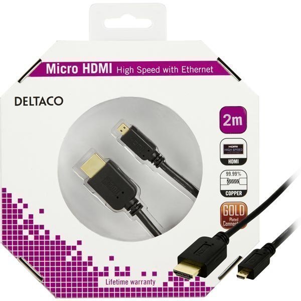 DELTACO HDMI-kaapeli 1.4+E 19-pin ur-Micro 19-pin ur 1080p musta 2m
