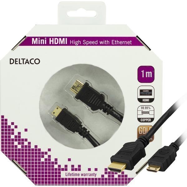 DELTACO HDMI-kaapeli v1.4+Ethernet 19-pin u-Mini u 1080p musta 1m