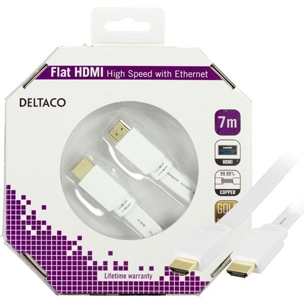 DELTACO HDMI-kaapeli v1.4+Ethernet 19-pin u-u 1080p litteä valk 7m