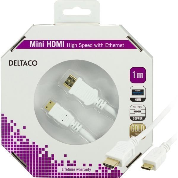 DELTACO HDMI-kaapeli v1.4+Ethernet 19-pin ur-Mini ur 1080p valko 1m