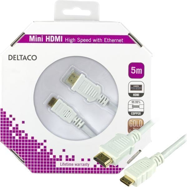 DELTACO HDMI-kaapeli v1.4+Ethernet 19-pin ur-Mini ur 1080p valko 5m
