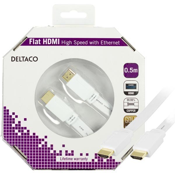 DELTACO HDMI-kaapeli v1.4+Ethernet 19-pin ur-ur 1080p flat valk 0 5m