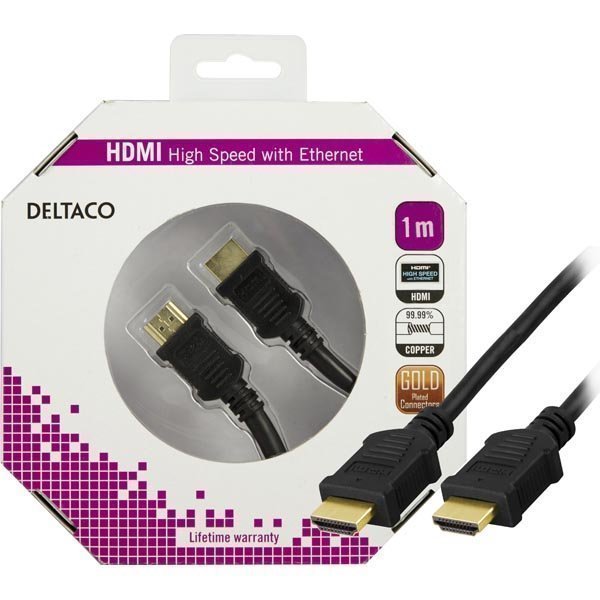 DELTACO HDMI-kaapeli v1.4+Ethernet 19-pin ur-ur 1080p musta 1m