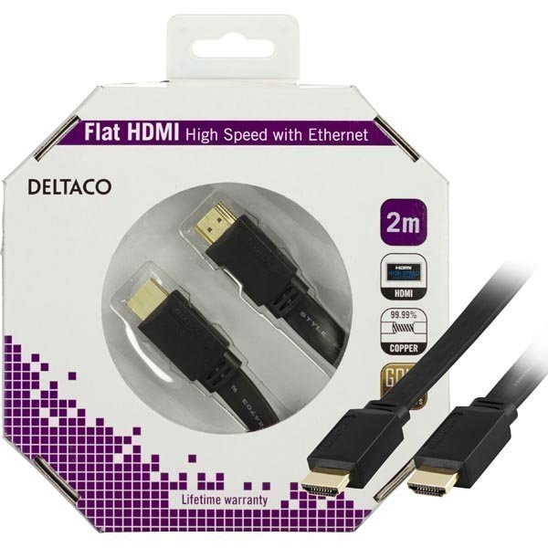 DELTACO HDMI v1.4 kaapeli 4K Ethernet 3D paluu litteä musta 2m