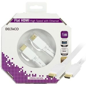 DELTACO HDMI v1.4 kaapeli 4K Ethernet 3D paluu litteä valk 1m