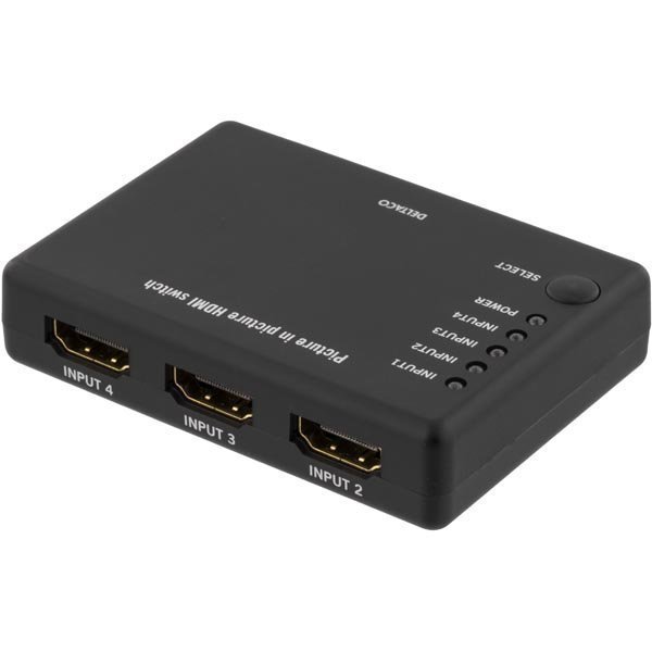 DELTACO PRIME HDMI-Kytkin 4 tuloa 1 lähtö HDMI High Speed with Ethernet kuva kuvassa toiminto musta