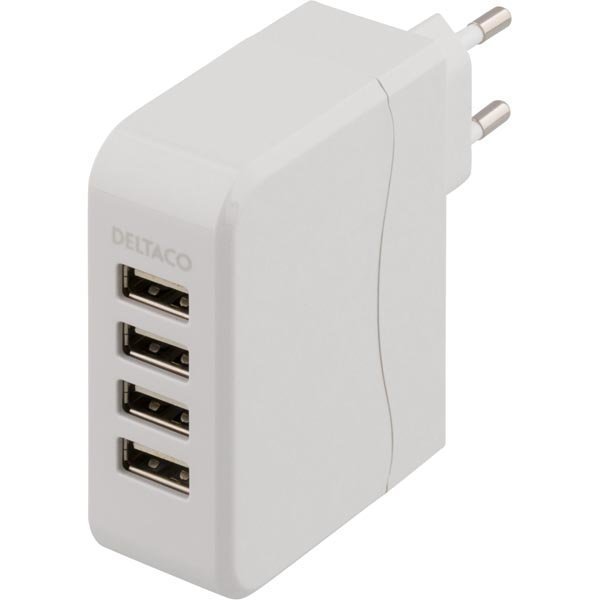 DELTACO USB-latausasema 100-240V 5V 4 5A 4xUSB-porttia valkoinen