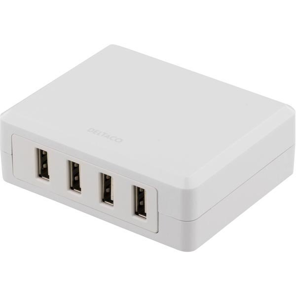 DELTACO USB-latausasema 100-240V 5V 6 8A 4xUSB-porttia valkoinen