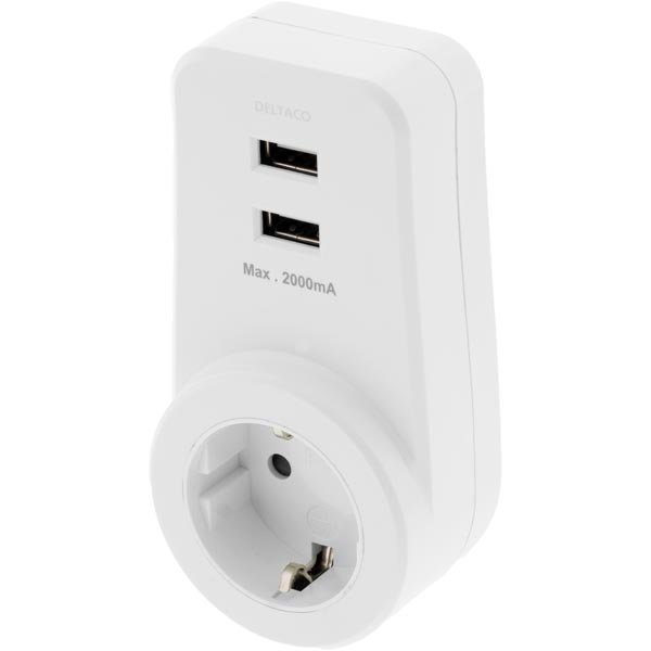 DELTACO USB-latausasema 2A 2xUSB 1x Schuko valkoinen