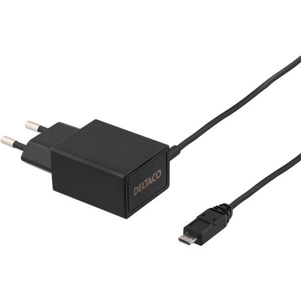 DELTACO Väggladdare 230V till 5V USB 2.1A 1x USB Micro B 1m musta