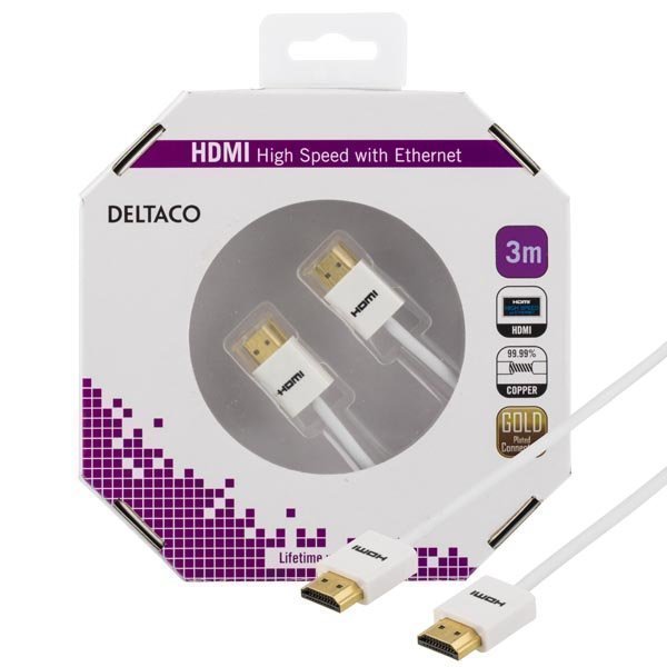 DELTACO ohut HDMI-kaapeli 3m valk. blister