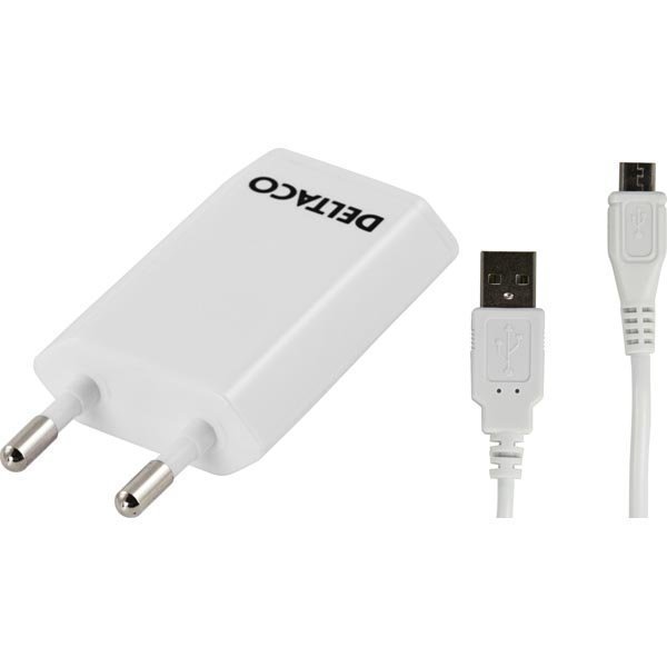 DELTACO virtasovitin 230V 1A USB micro-kaapeli valkoinen 1m
