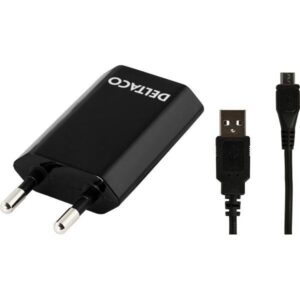 DELTACO virtasovitin 230V AC - 5V USB 1A jossa 2m USB micro B musta