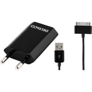DELTACO virtasovitin 230V AC -> 5V USB 1A sopii iPhone 1m synkronoi