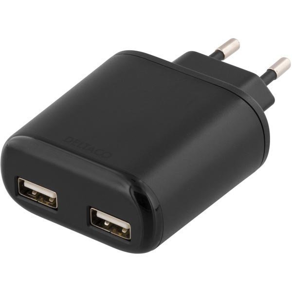 DELTACO virtasovitin USB-portti 2x A na 230V - 5V 2 4A musta