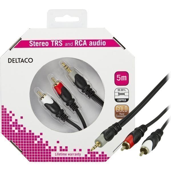 DELTACO äänikaapeli 3.5mm uros - 2xRCA uros kullattu 5m